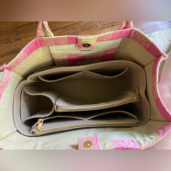 Sandro Paris Large Pink Cream Kasbah Tan Gold Check Gingham Tote Bag EUC $450 - Picture 8 of 11